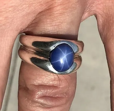 MJG STERLING SILVER GROOVED MEN'S RING. 9 X 11mm LAB BLUE STAR SAPPHIRE. SZ 9.5 • $116.16