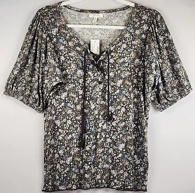 Maurices Shirt Womens Small Gray Floral Peasant Top Tasseled Puff Sleeve Blouse • $23.99