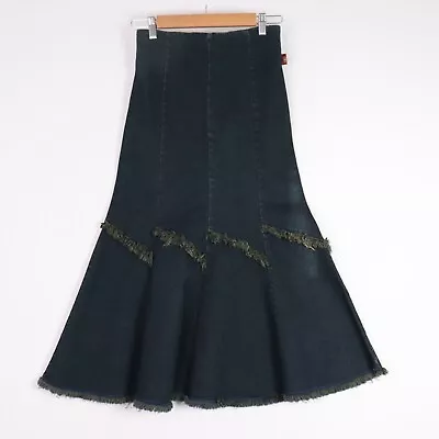 CSI Womens Vintage Denim Maxi Skirt Size 8 Fitted Flared Hem Fringed 90s 2000s • $45.02