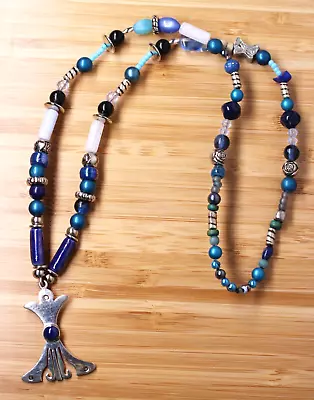 Vintage Mexico TZ-16 Tribal Lapis Beaded Necklace Sterling Silver & Mixed Metals • $67.95