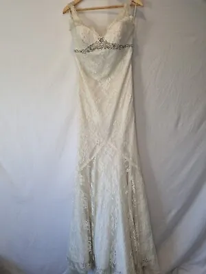 Imoda Ivory Lace Sweetheart Vneck Beaded Mermaid Train Wedding Dress Sz 10 • $925.56