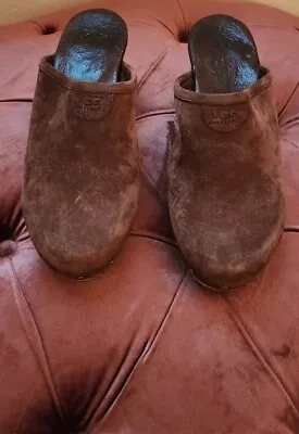 UGG CLOGS - Abbie Sheepskin Brown Suede Wood Heel Mule Slip On Shoe Size 7 • $11.50