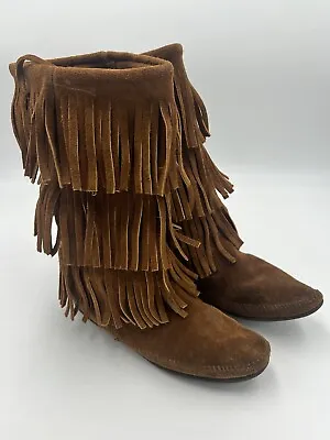 Women’s Minnetonka Suede Fringe High Ankle Boots Brown Size 8 • $28.99