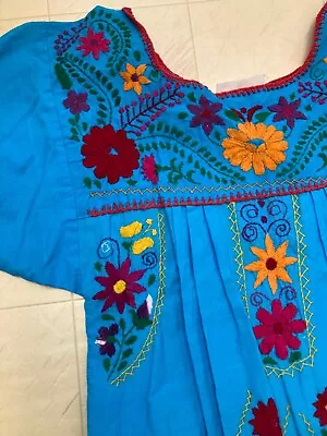 Vintage Mexican Embroidered Oaxacan Blue Boho Floral Ethnic Chaparrita Dress • $71.96