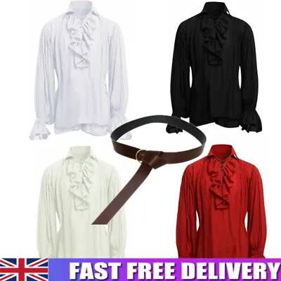 Retro Men Gothic Shirt Top Victorian Medieval Ruffle Pirate Puff Sleeve Bandage • £15.68