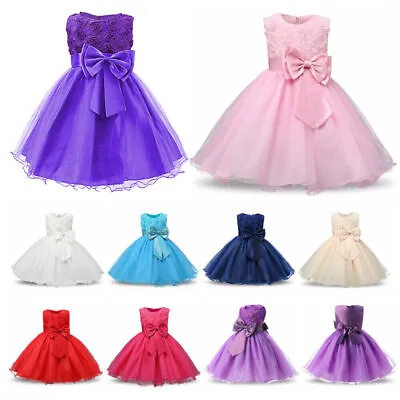 Kids Princess Dress Rose Bow Baby Flower Girls Party Wedding Bridesmaid Dresses • £10.59