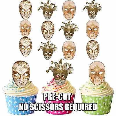 £3.75 • Buy PRECUT Masquerade Ball Party Venetian Masks 12 Edible Cupcake Toppers Decoration