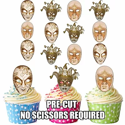 PRECUT Masquerade Ball Party Venetian Masks 12 Edible Cupcake Toppers Decoration • £3.99