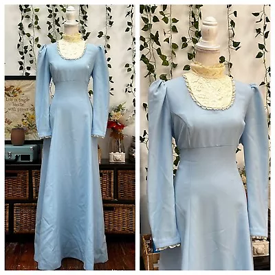 Vintage 60s 70s Prairie Maxi Dress Blue Lace High Neck Cottage Boho Hippy M/L • $54.99