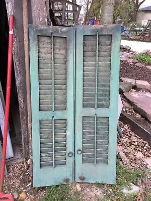 Vtg  1 Pair  Old  Wooden Door Shutters Architectural Green Louvered 43in X 24in • $90