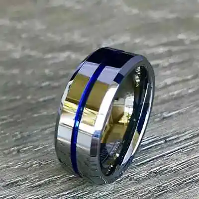 Silver Ring For Men Tungsten Carbide Wedding Band Blue Detail 8mm Wide 4 Sizes • £14.99