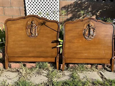 Antique Set Of  Neoclassical Wooden Carved Woman Figure Twin Headboard. • $1250