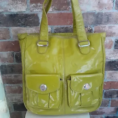 John Lewis Large Patent  Polyurethane Lime Green Tote Work Shoulder Bag • £14