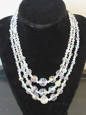 Vintage AB Aurora Borealis Crystal Bead Faceted Triple Strand Necklace Choker • $19.95