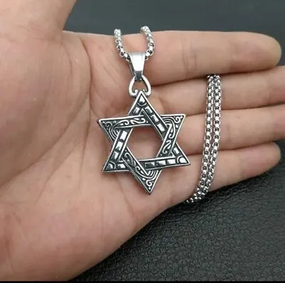 Mens Womens Stainless Steel 6 Point Star Hexagram Star Of David Pendant Necklace • £6.89