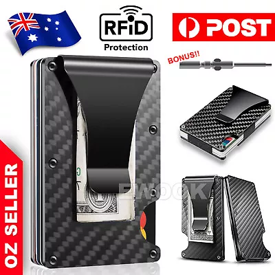 $7.95 • Buy Men Slim Carbon Fiber Credit Card Holder RFID Blocking Metal Wallet Money Clip