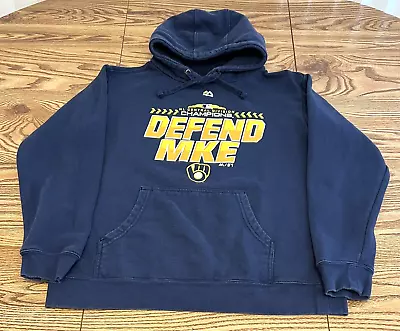 Milwaukee Brewers Majestic Hoodie Sweatshirt “Defend MKE” Blue Pullover Mens L • $24.99