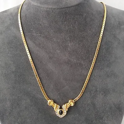 Vintage Gold Tone Herringbone Chain Necklace Rhinestone Occasion Pre-loved 90s • £11.50