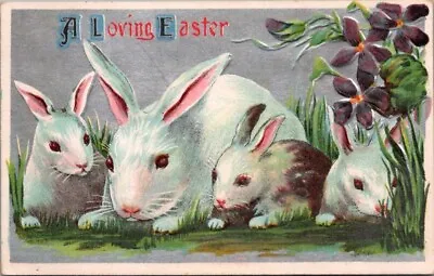 Antique Postcard A Loving Easter Bunny Rabbits Flowers Silver 1910 • $4.96