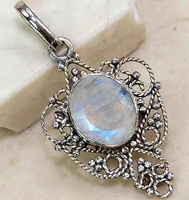 Natural Rainbow Moonstone 925 Solid Sterling Silver Filigree Pendant NW17-3 • $29.99