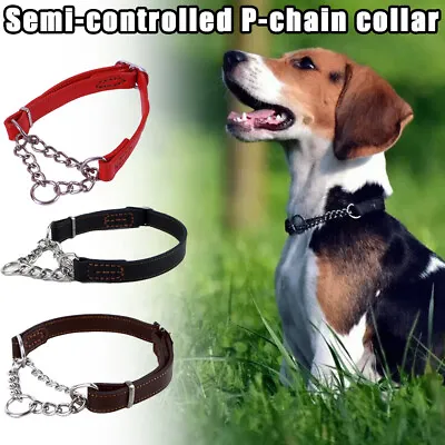 Pet Dog Half Check Choke Leather Chain Dog Training  Collar Adjustable NEW • £9.59