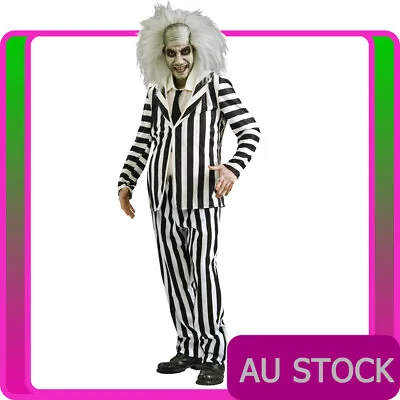 Mens Mr Beetlejuice Costume Adult Outfit 80s Ghost Party Halloween Suits + Wig • $63.64