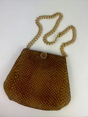 Manon Vintage Tan With Gold Tone Chain Strap Clamshell Purse Hand Shoulder Bag • $109