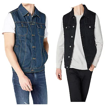 Men's Denim Waistcoats Jeans Slim Fit Jacket Sleeveless Cowboy Retro Biker Vest • £17.95