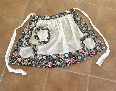 Vintage Apron Sheer White Cotton Organdy Black Floral Pocket Kitchen Textile • $12