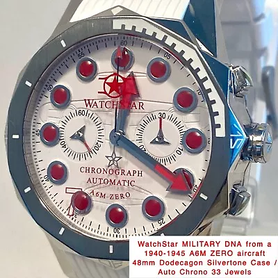 White/Silvertn “A6M ZERO” Military DNA 48mm Auto Chrono 33J WatchStar Mens Watch • $499