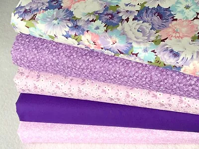 100% Cotton Fat Quarter Bundle Quality Craft Fabric Floral Lilac Purple Pink  E • £10.10
