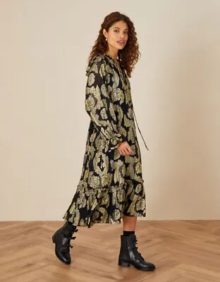 £45 • Buy BNWT MONSOON Autumnal Dressy Metallic Jacquard Dress Black And Gold Size MEDIUM