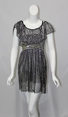 Vintage Womens Handmade Black Silver Sequin Mini Dress Shoulder Shrug • $99