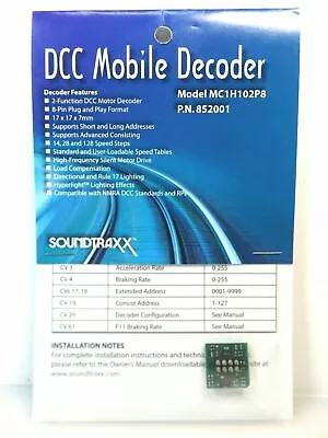 SoundTraxx 852001 MC1H102P8 DCC Mobile Decoder Direct Plug HO Scale • $20.79