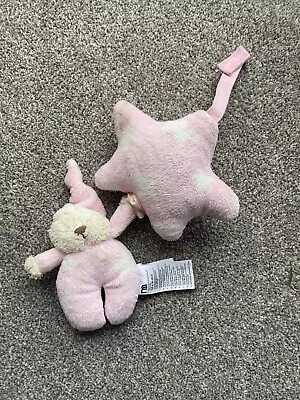 Mothercare Bedtime Bear Pink White Stars Musical Pull Lullaby Baby Soft Toy • £5.50