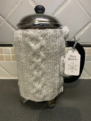 Hand Knitted White Sparkle Christmas Cafetiere Cosy With Cute Snowflake Buttons • £5.49