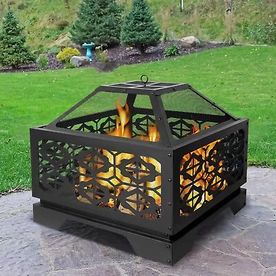 LUCKYERMORE Square Metal Fire Pit Fireplace Outdoor Heater BBQ Garden Brazier • $99.99