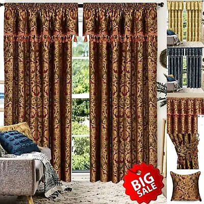 New Fully Lined Luxury Jacquard Pencil Pleat Ready Made Pair Curtains & Tieback* • £120.49