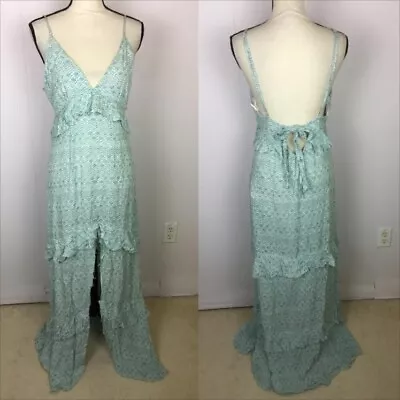 NWT Bonhomia Maxi Dress Sz M Womans Blue Teal V-Neck Low Back Ruffle Front Slit • $27.99