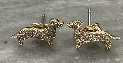 Yellow Gold Tone Tiny Dachshund Pet Dog Stud Pave Crystal Earrings • $45.99