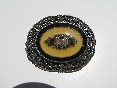 Vtg.victorian Design Yellow French Enamel Perforated Filigree Rhinestone Brooch • $4.27