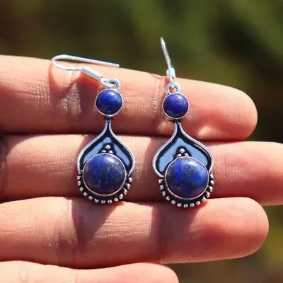 925 Sterling Silver Natural Lapis Lazuli  Round Handmade Genuine Dangle Earrings • $12.62