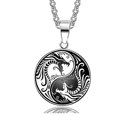 Mens Stainless Steel Protection Amulet Dragon Yin Ying Yang Pendant Necklace Men • $16.33