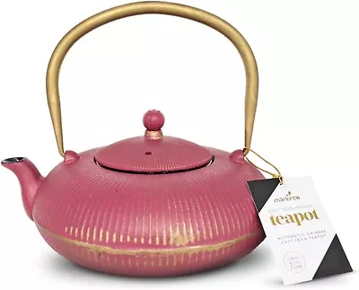 Pink Striped Japanese Cast Iron Teapot With Stainless Steel Tea Infuser 1200ml • £28