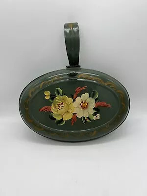 Vintage Metal Tole Painted Silent Butler Crumb Catcher Green With Flowers • $18.50