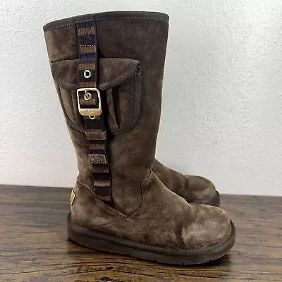 UGG Womens Boots 6 Retro Cargo Pocket Brown Suede Zip Shearling Fur Lined Zip • $23.93