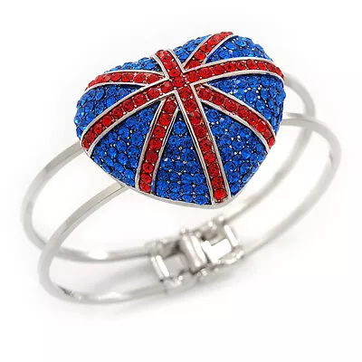 Swarovski Crystal Union Jack 'Heart' Hinged Bangle In Silver Plating - Up To • £32