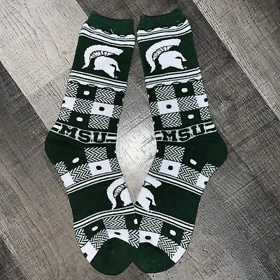 Michigan State Spartans College Team Plaid Dots Thick Crew Length Socks Large • $9.39