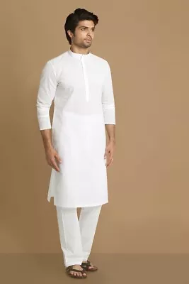 India Cotton Kurta Shirt Pathani Suit Solid White Man Boy Kurta With Pajama Set • $44.99