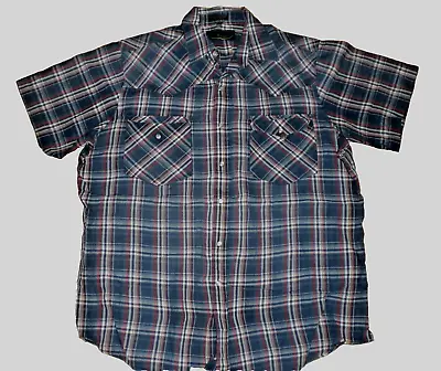 MENS CANYON GUIDE Sz L BLUE RED PLAID Pearl Snap SHORT SLEEVE Western SHIRT • $14.99